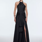 Long Evening Dress with Neck Straps and Waist Drape Detail - 9253C