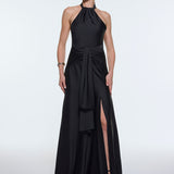 Long Evening Dress with Neck Straps and Waist Drape Detail - 9253C