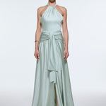 Long Evening Dress with Neck Straps and Waist Drape Detail - 9253C