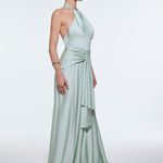 Long Evening Dress with Neck Straps and Waist Drape Detail - 9253C