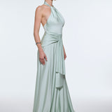 Long Evening Dress with Neck Straps and Waist Drape Detail - 9253C