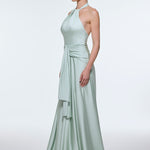 Long Evening Dress with Neck Straps and Waist Drape Detail - 9253C