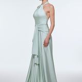 Long Evening Dress with Neck Straps and Waist Drape Detail - 9253C