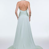 Long Evening Dress with Neck Straps and Waist Drape Detail - 9253C