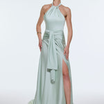 Long Evening Dress with Neck Straps and Waist Drape Detail - 9253C