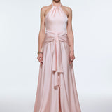 Long Evening Dress with Neck Straps and Waist Drape Detail - 9253C