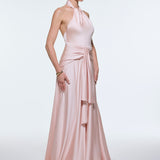 Long Evening Dress with Neck Straps and Waist Drape Detail - 9253C