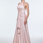 Long Evening Dress with Neck Straps and Waist Drape Detail - 9253C
