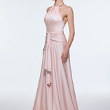 Long Evening Dress with Neck Straps and Waist Drape Detail - 9253C
