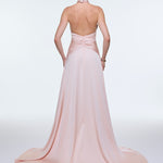 Long Evening Dress with Neck Straps and Waist Drape Detail - 9253C