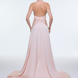 Long Evening Dress with Neck Straps and Waist Drape Detail - 9253C
