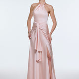 Long Evening Dress with Neck Straps and Waist Drape Detail - 9253C