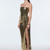 Bel Drape Detaylı Straplez Midi Abiye Elbise - 9295C - Yeşil Gold