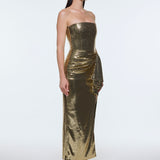 Bel Drape Detaylı Straplez Midi Abiye Elbise - 9295C - Yeşil Gold