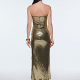 Bel Drape Detaylı Straplez Midi Abiye Elbise - 9295C - Yeşil Gold