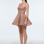 İşlemeli Kumaş Straplez Mini Abiye Elbise - 9318C - ROSE