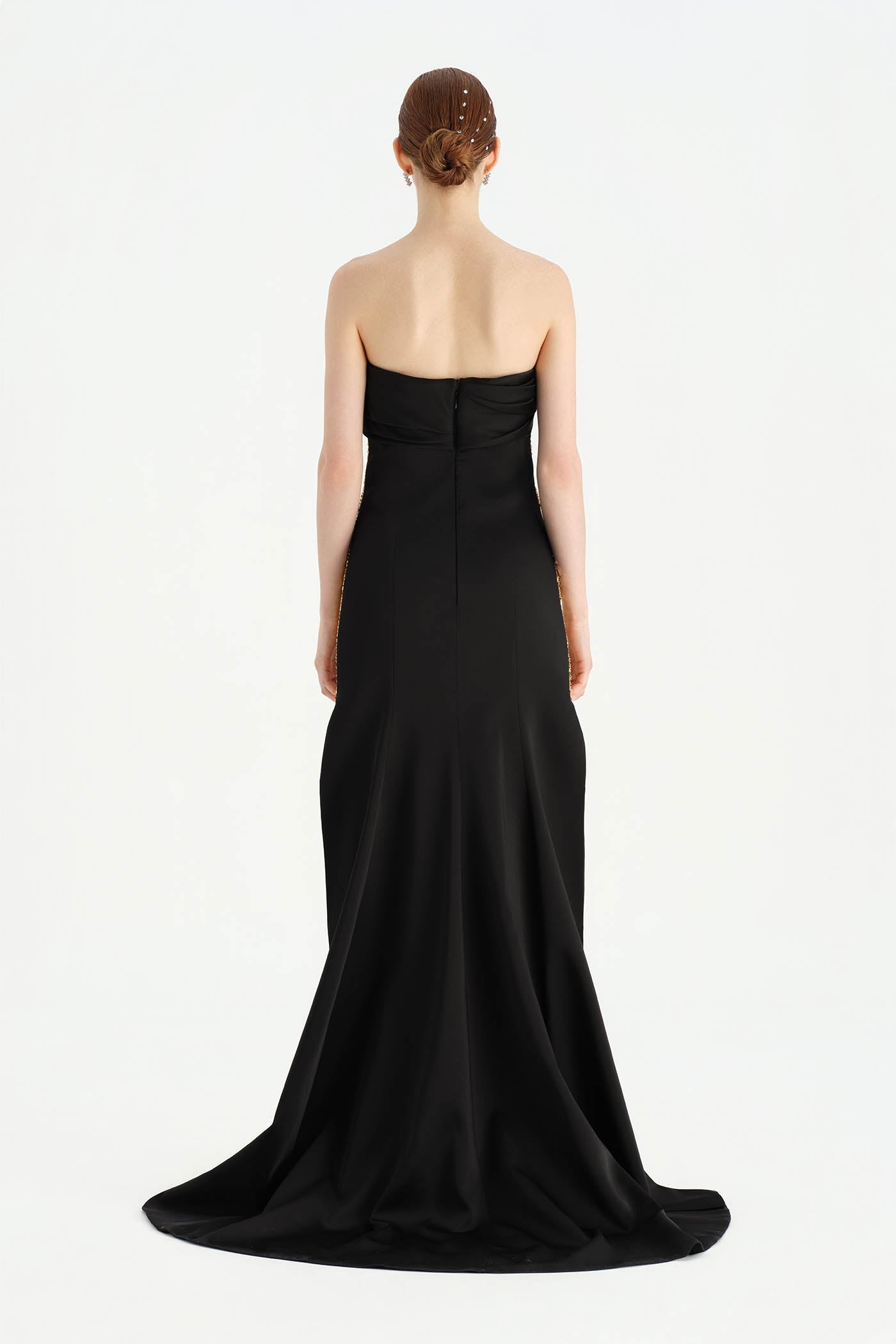 Göğüs Saten Katlamalı Drape Detaylı Taşlı Abiye Elbise- 26077C - Siyah - Gold