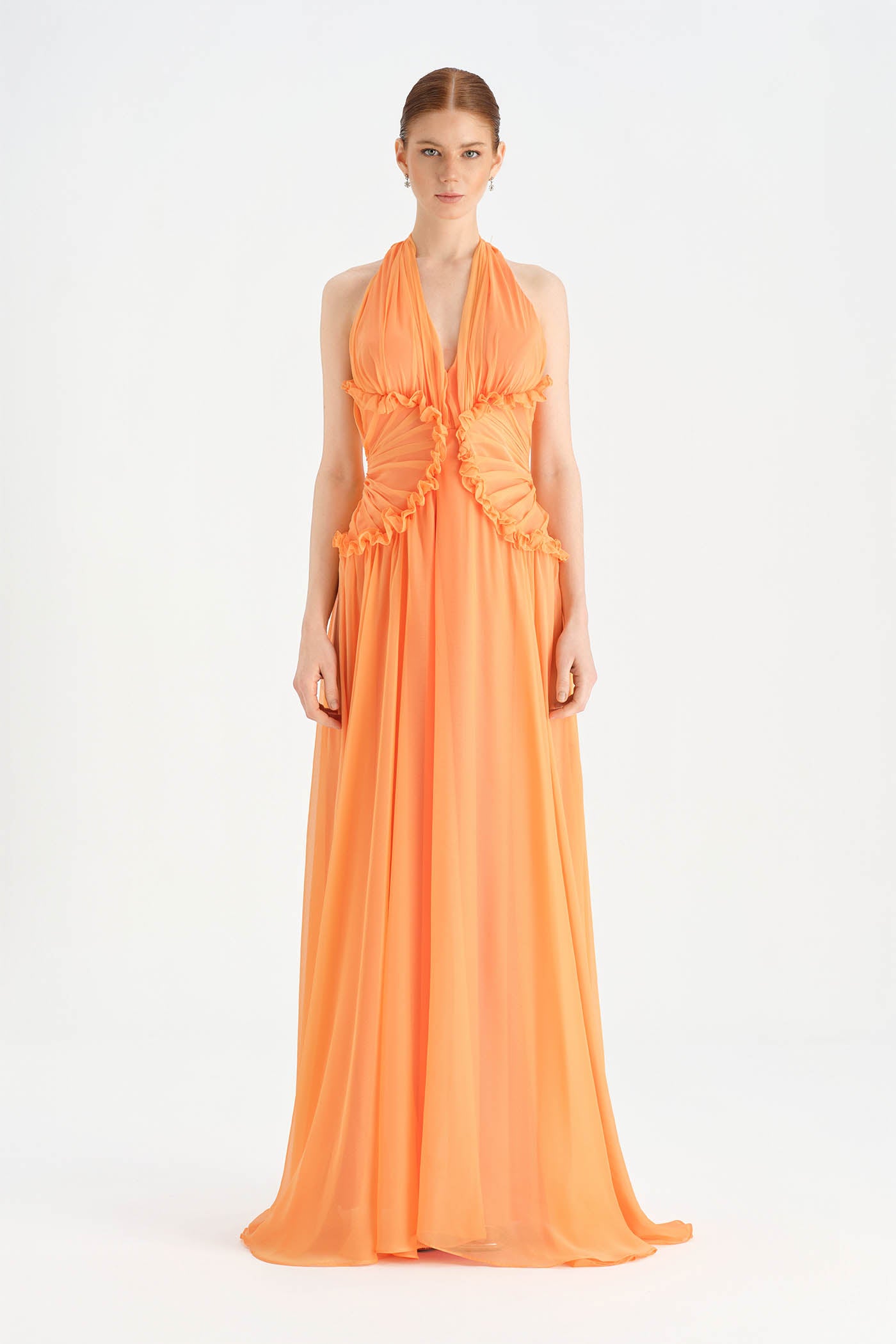 Chiffon Evening Dress with Neck Straps and Waist Detail - 26151C
