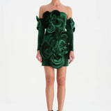 Çiçek Detaylı Kadife Mini Abiye Elbise - 26017C - YEŞİL