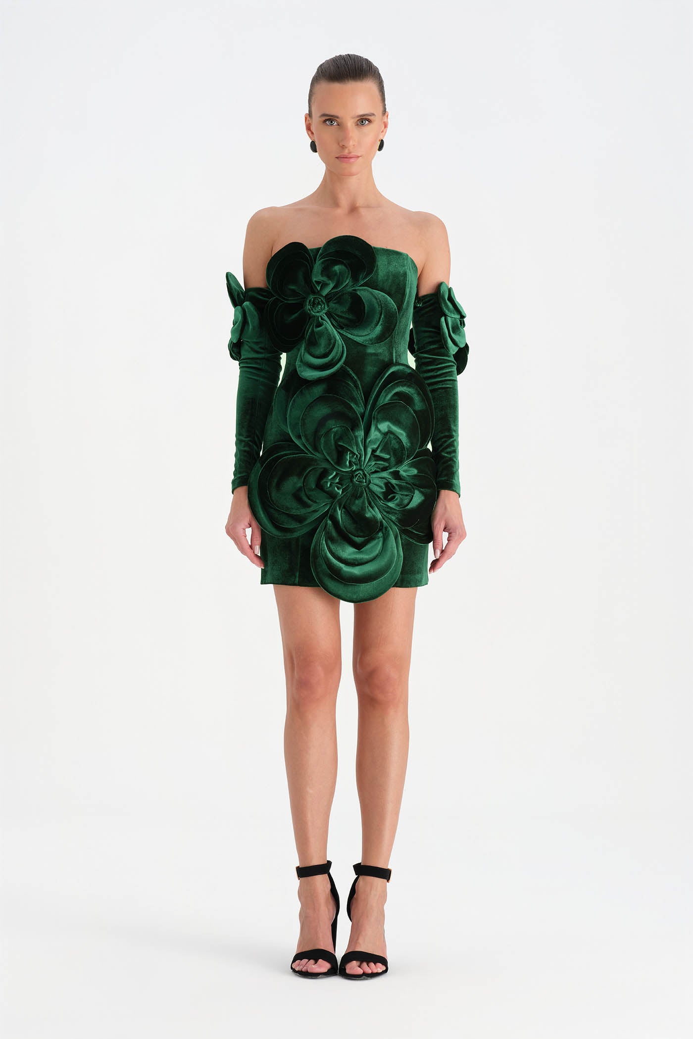 Çiçek Detaylı Kadife Mini Abiye Elbise - 26017C - YEŞİL