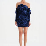 Çiçek Detaylı Kadife Mini Abiye Elbise - 26017C - LACİVERT