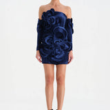 Çiçek Detaylı Kadife Mini Abiye Elbise - 26017C - LACİVERT
