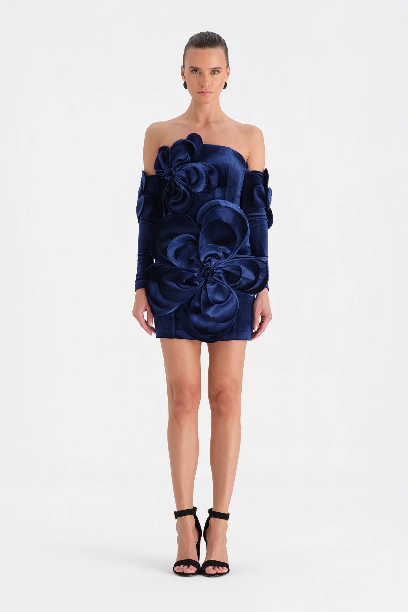 Çiçek Detaylı Kadife Mini Abiye Elbise - 26017C - LACİVERT