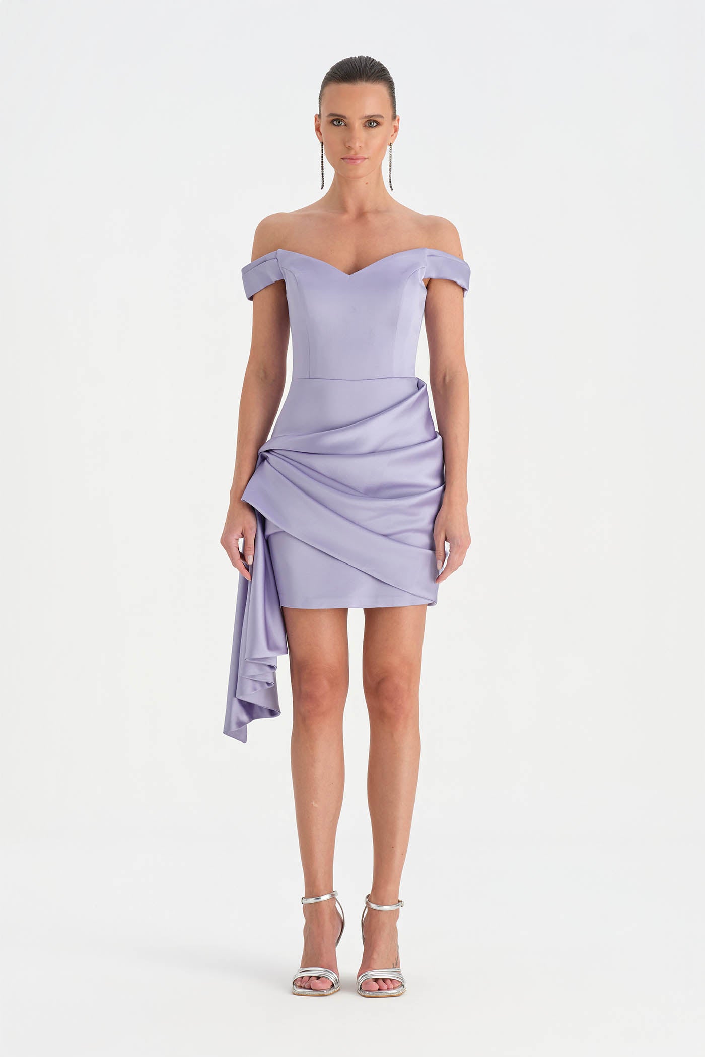 Düşük Omuzlu Drapeli Abiye Elbise - 26018C