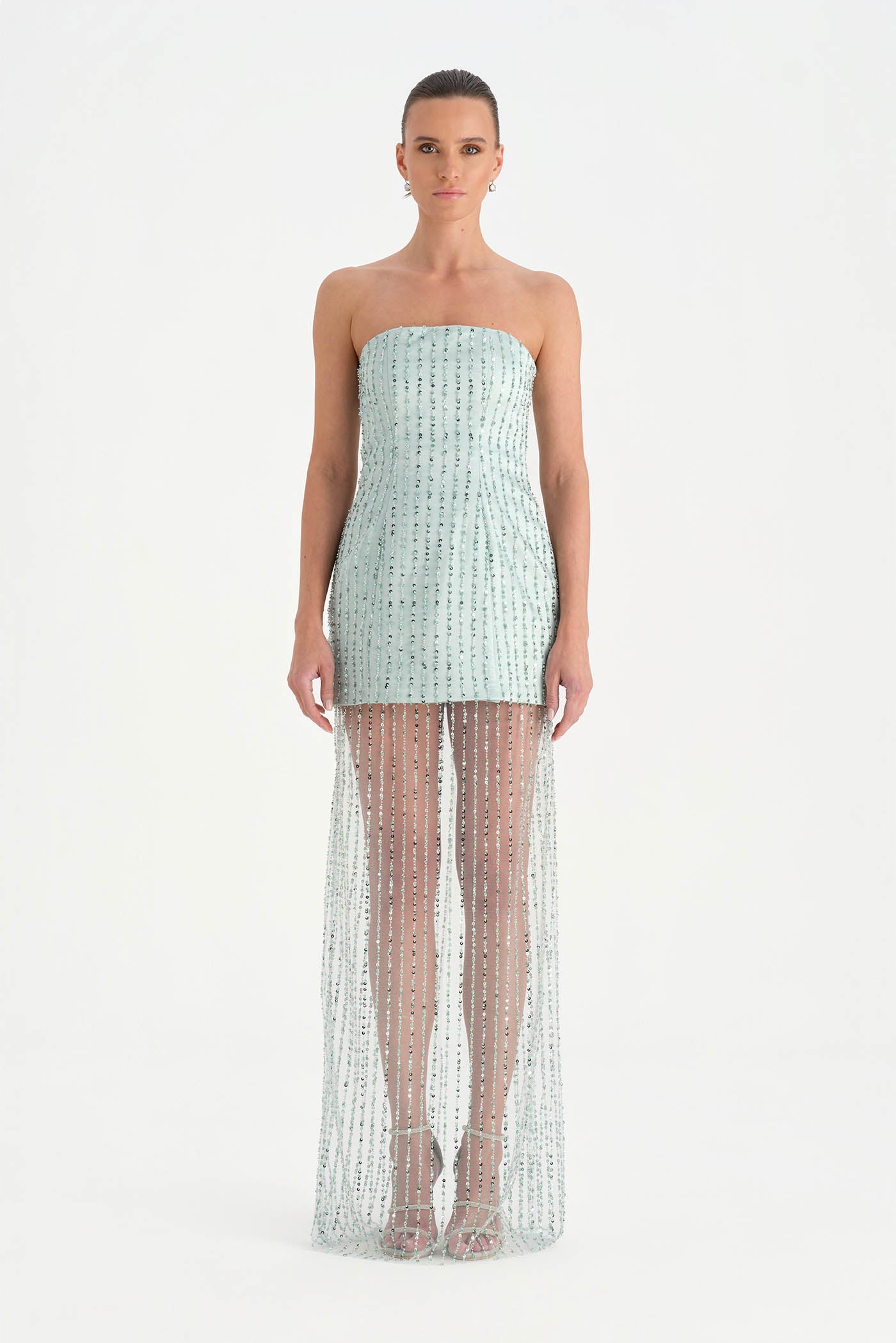 Straplez Altı Tül Boncuk Detaylı Abiye Elbise - 26053C - MİNT