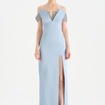 Low Shouldered Slit Stone Embroidered Evening Dress - 26063C