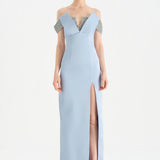 Low Shouldered Slit Stone Embroidered Evening Dress - 26063C