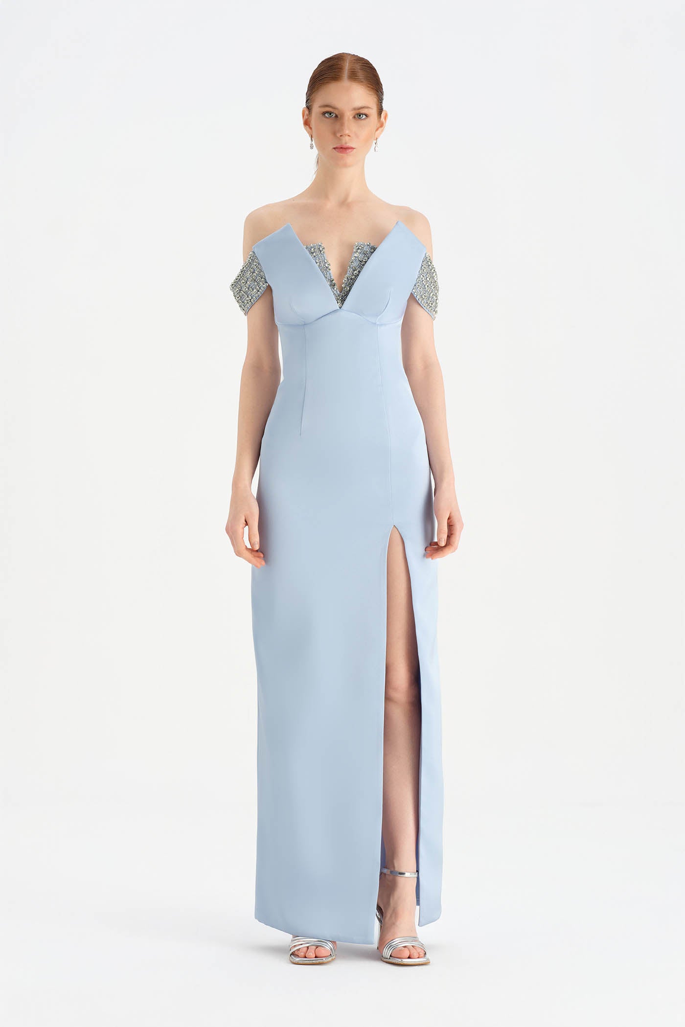 Low Shouldered Slit Stone Embroidered Evening Dress - 26063C