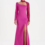 Yırtmaçlı Asimetrik Yaka Kolu Boncuk Detaylı Abiye Elbise - 26044C - FUŞYA