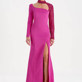 Yırtmaçlı Asimetrik Yaka Kolu Boncuk Detaylı Abiye Elbise - 26044C - FUŞYA