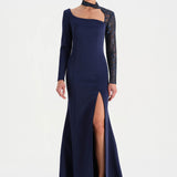 Yırtmaçlı Asimetrik Yaka Kolu Boncuk Detaylı Abiye Elbise - 26044C - LACİVERT