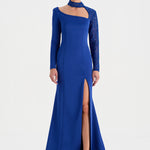 Yırtmaçlı Asimetrik Yaka Kolu Boncuk Detaylı Abiye Elbise - 26044C - SAKS