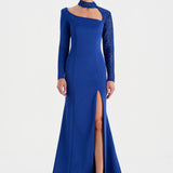 Yırtmaçlı Asimetrik Yaka Kolu Boncuk Detaylı Abiye Elbise - 26044C - SAKS