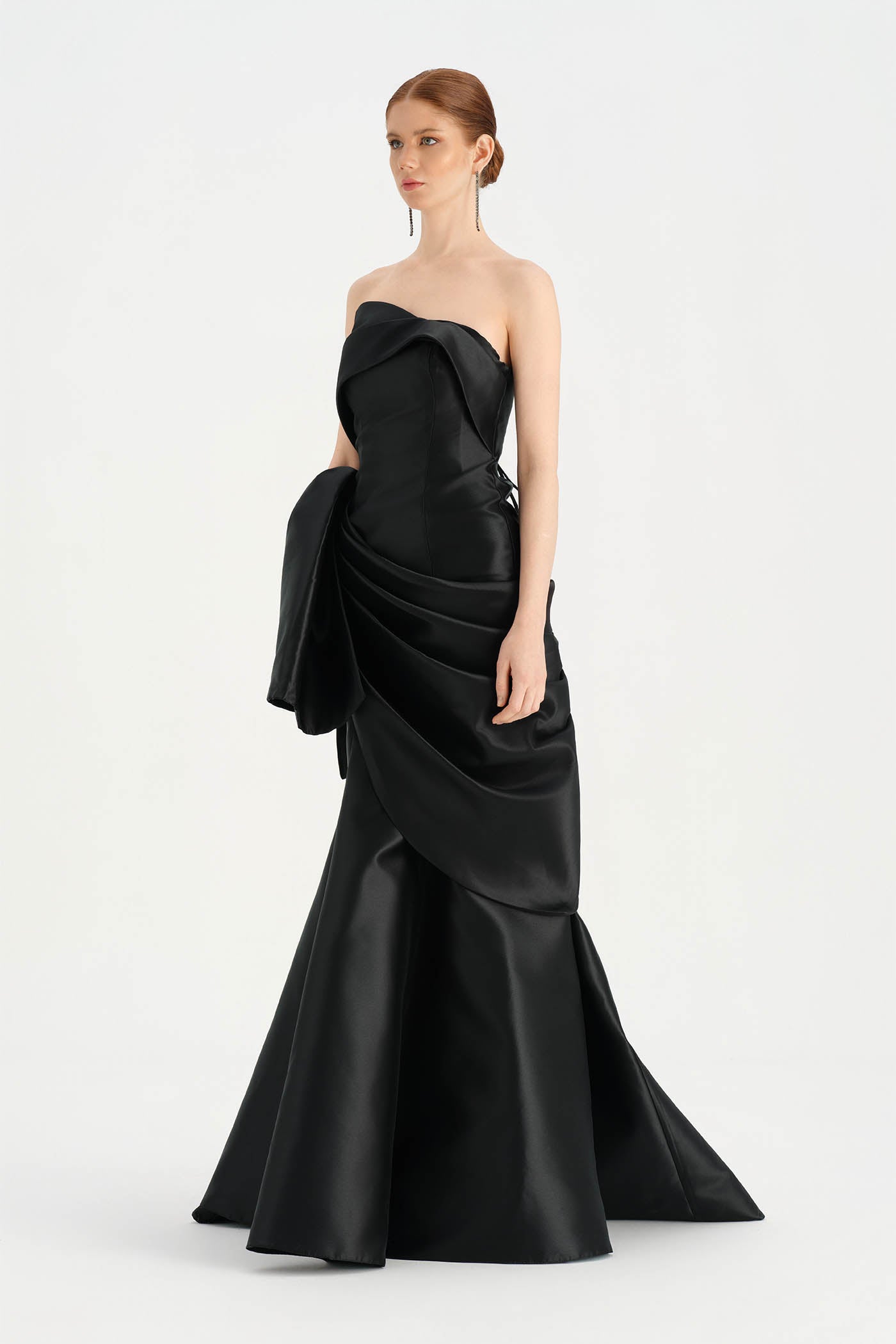 Waistband Bow-Detailed Pleated Draped Taffeta Evening Dress - 26085C