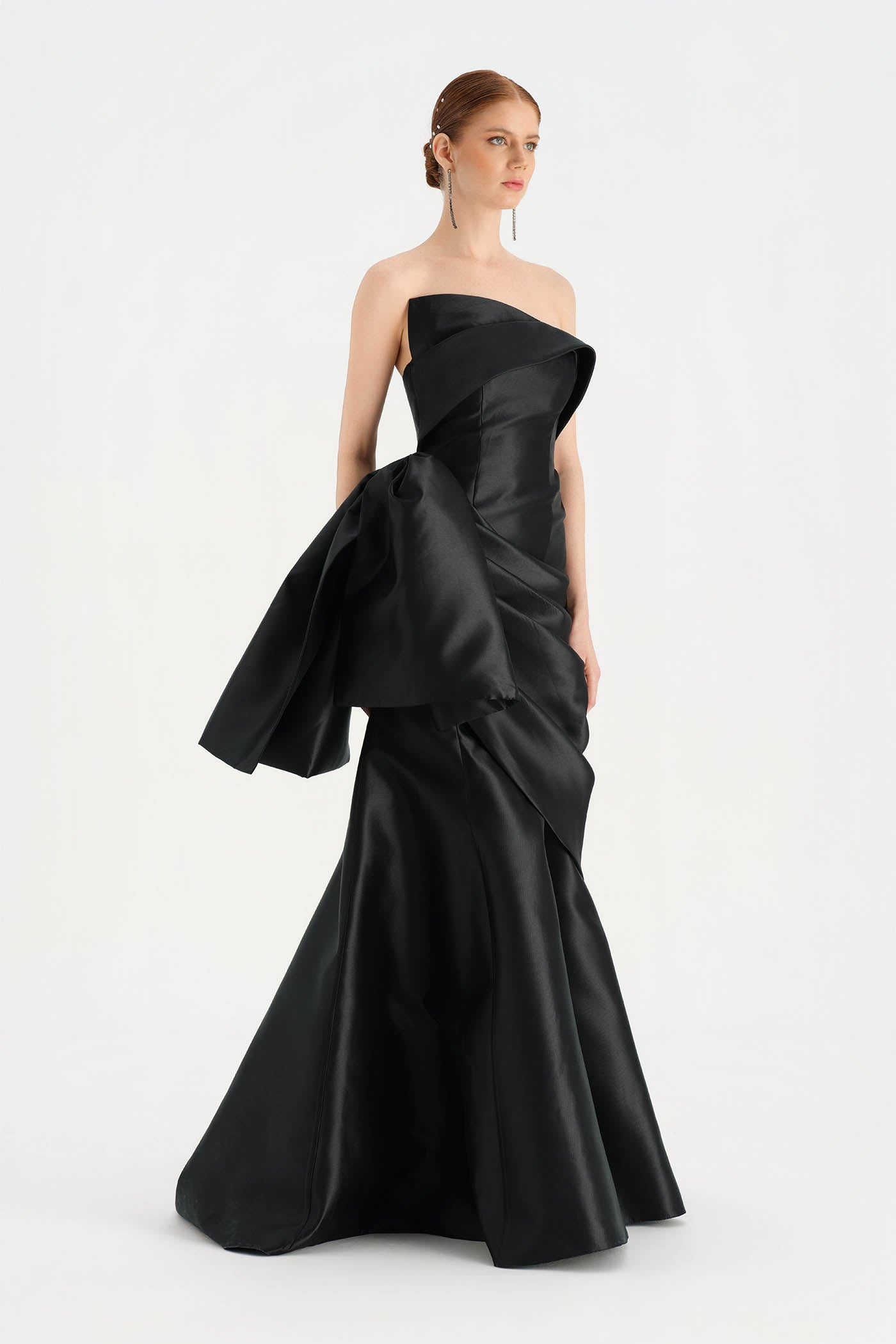 Waistband Bow-Detailed Pleated Draped Taffeta Evening Dress - 26085C