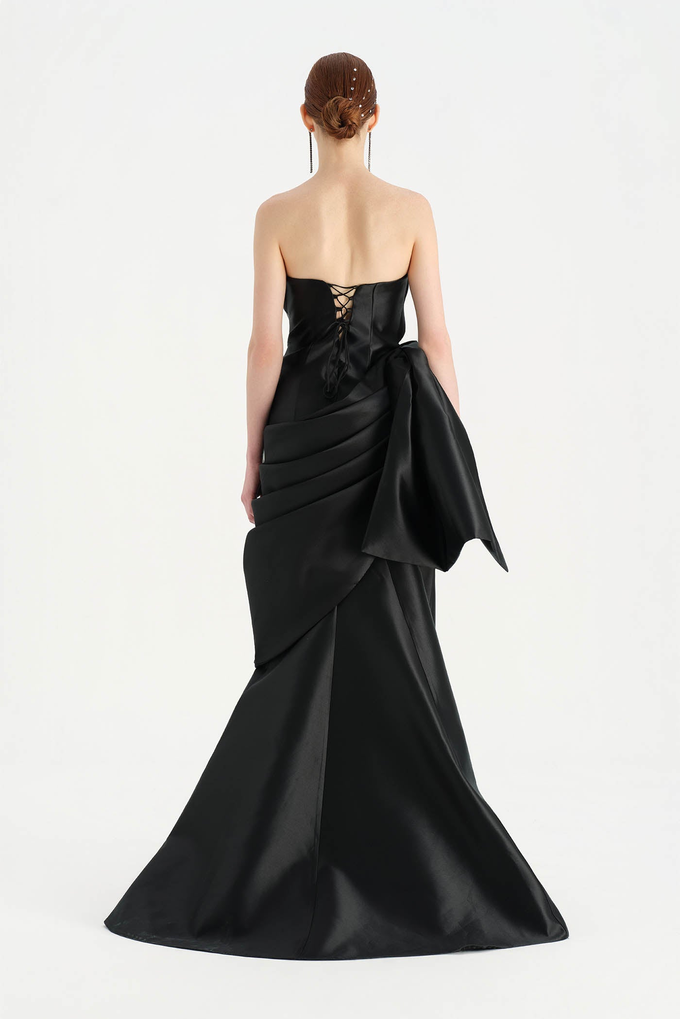 Waistband Bow-Detailed Pleated Draped Taffeta Evening Dress - 26085C