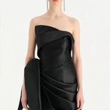 Waistband Bow-Detailed Pleated Draped Taffeta Evening Dress - 26085C