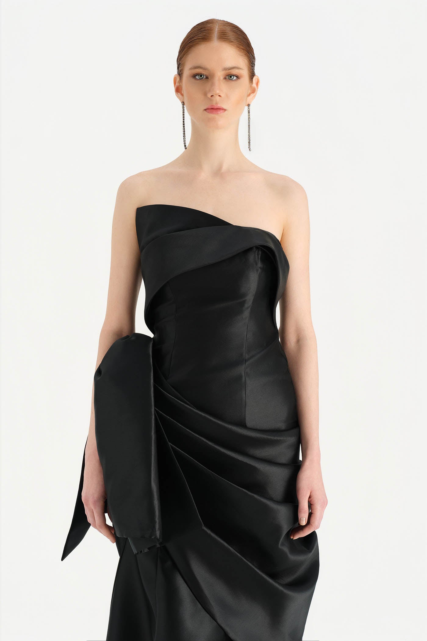 Waistband Bow-Detailed Pleated Draped Taffeta Evening Dress - 26085C