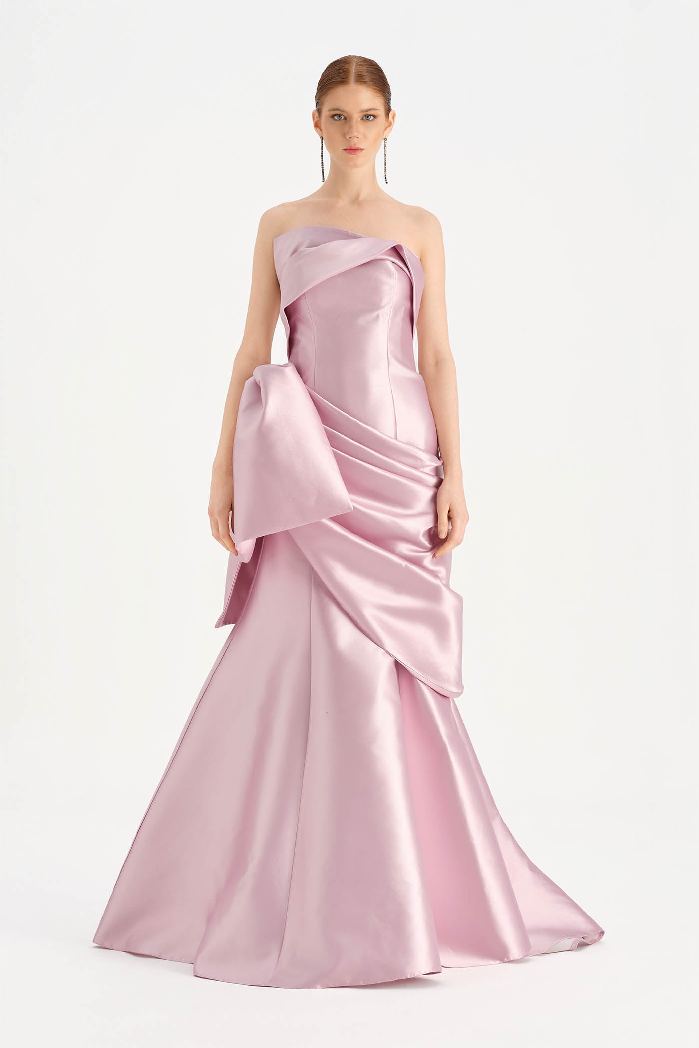 Waistband Bow-Detailed Pleated Draped Taffeta Evening Dress - 26085C