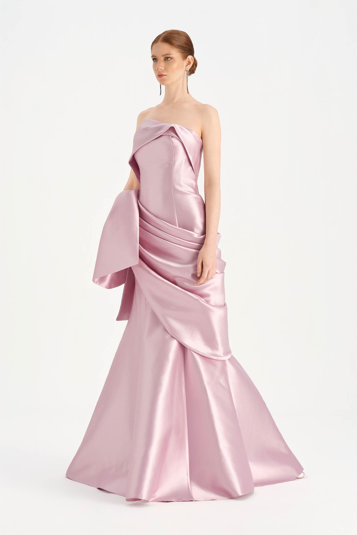 Waistband Bow-Detailed Pleated Draped Taffeta Evening Dress - 26085C