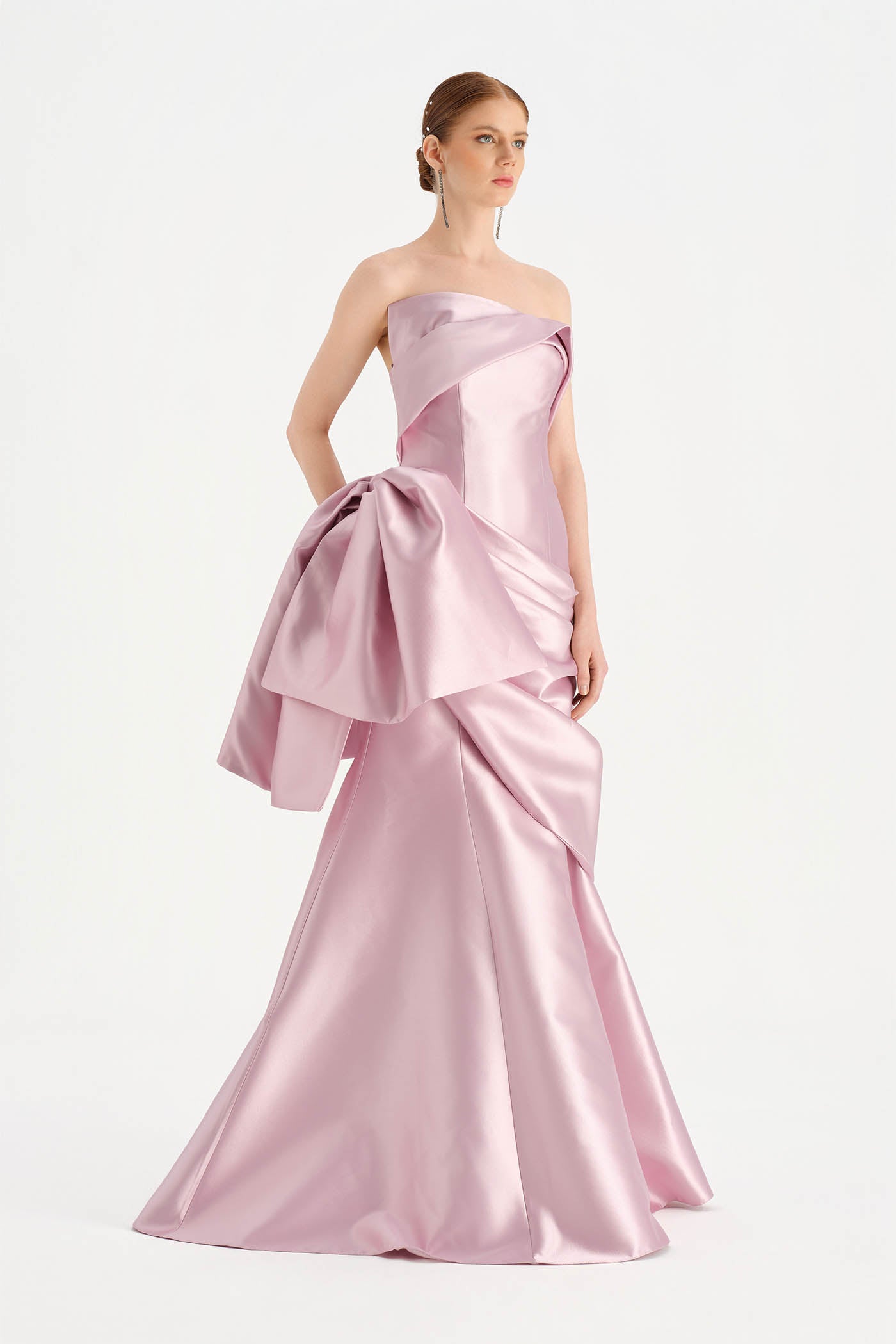 Waistband Bow-Detailed Pleated Draped Taffeta Evening Dress - 26085C