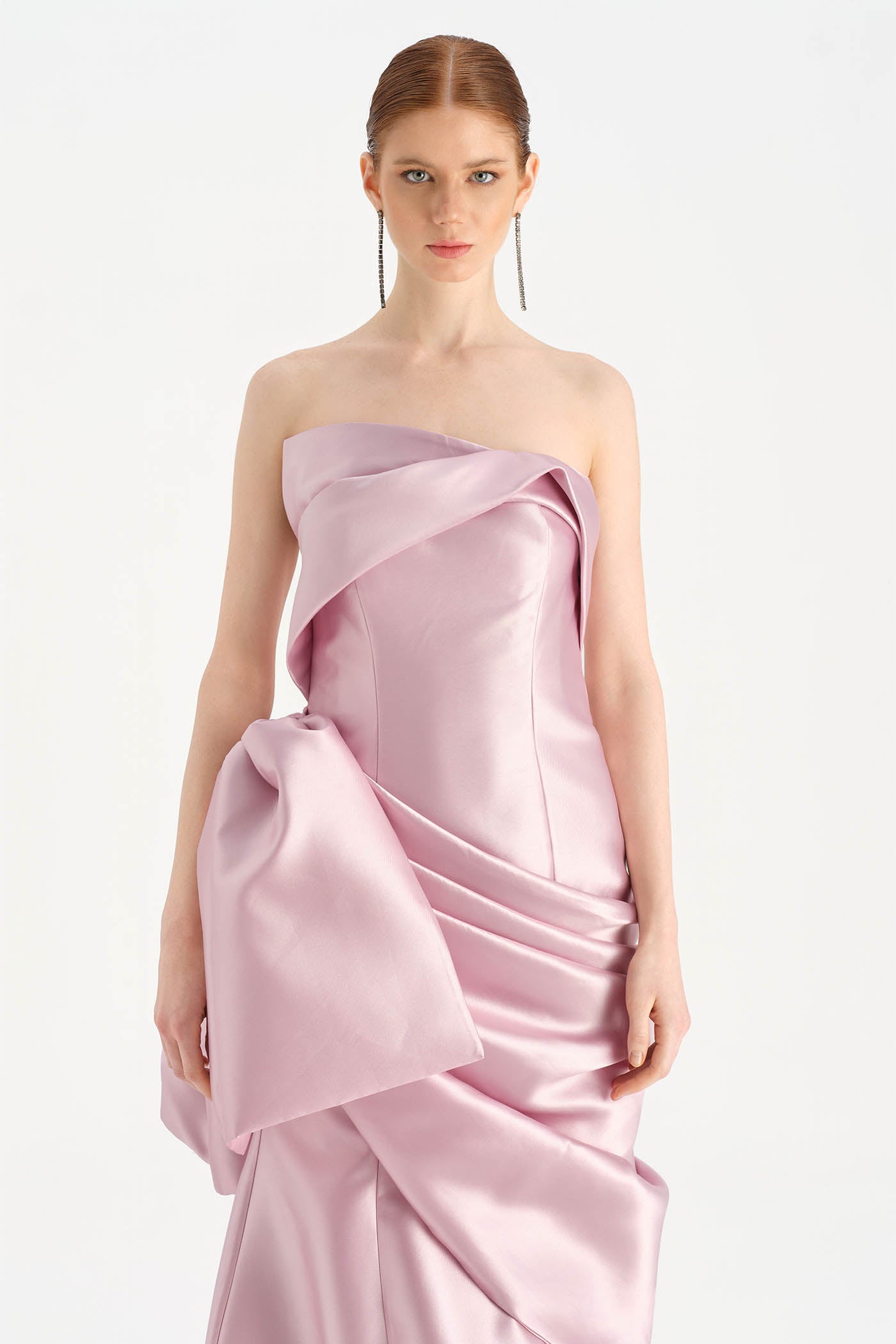 Waistband Bow-Detailed Pleated Draped Taffeta Evening Dress - 26085C