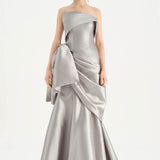 Waistband Bow-Detailed Pleated Draped Taffeta Evening Dress - 26085C
