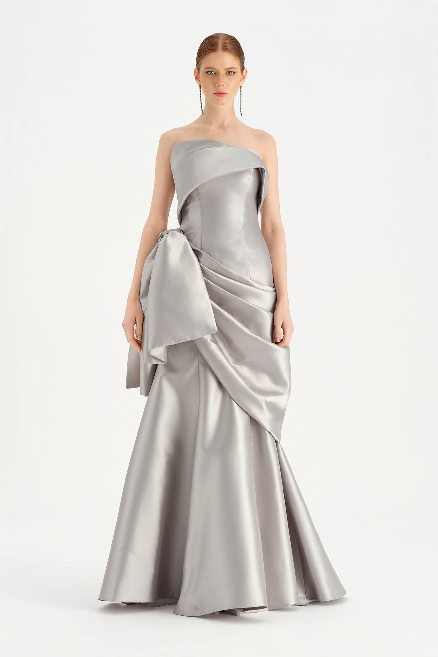 Waistband Bow-Detailed Pleated Draped Taffeta Evening Dress - 26085C