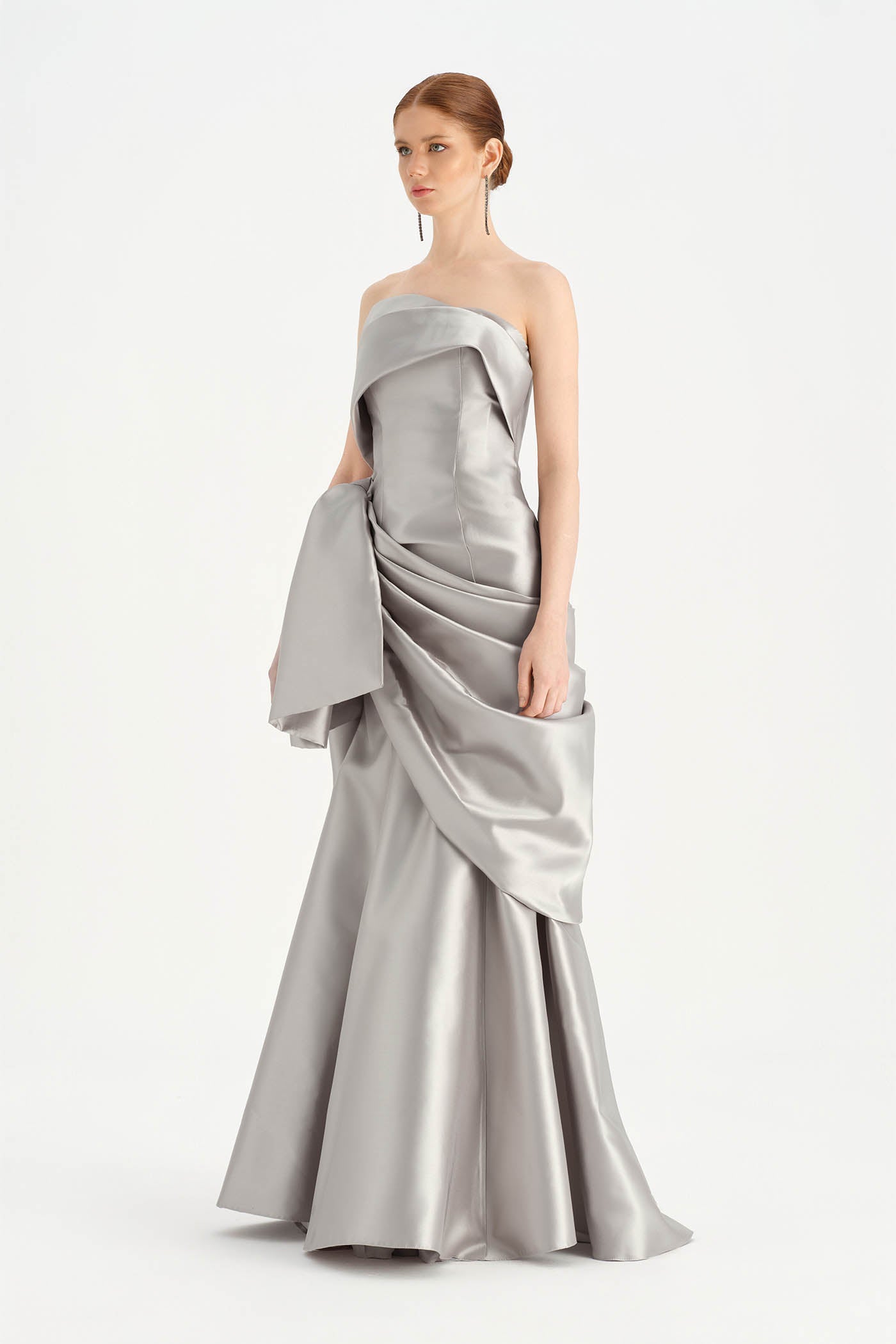 Waistband Bow-Detailed Pleated Draped Taffeta Evening Dress - 26085C