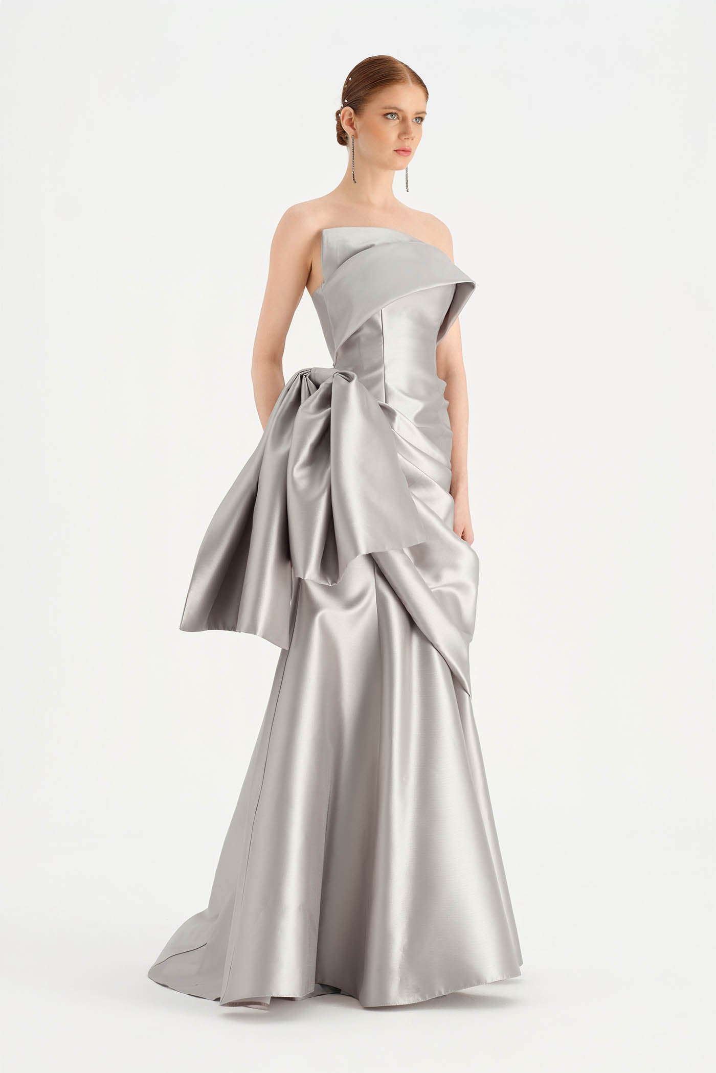 Waistband Bow-Detailed Pleated Draped Taffeta Evening Dress - 26085C